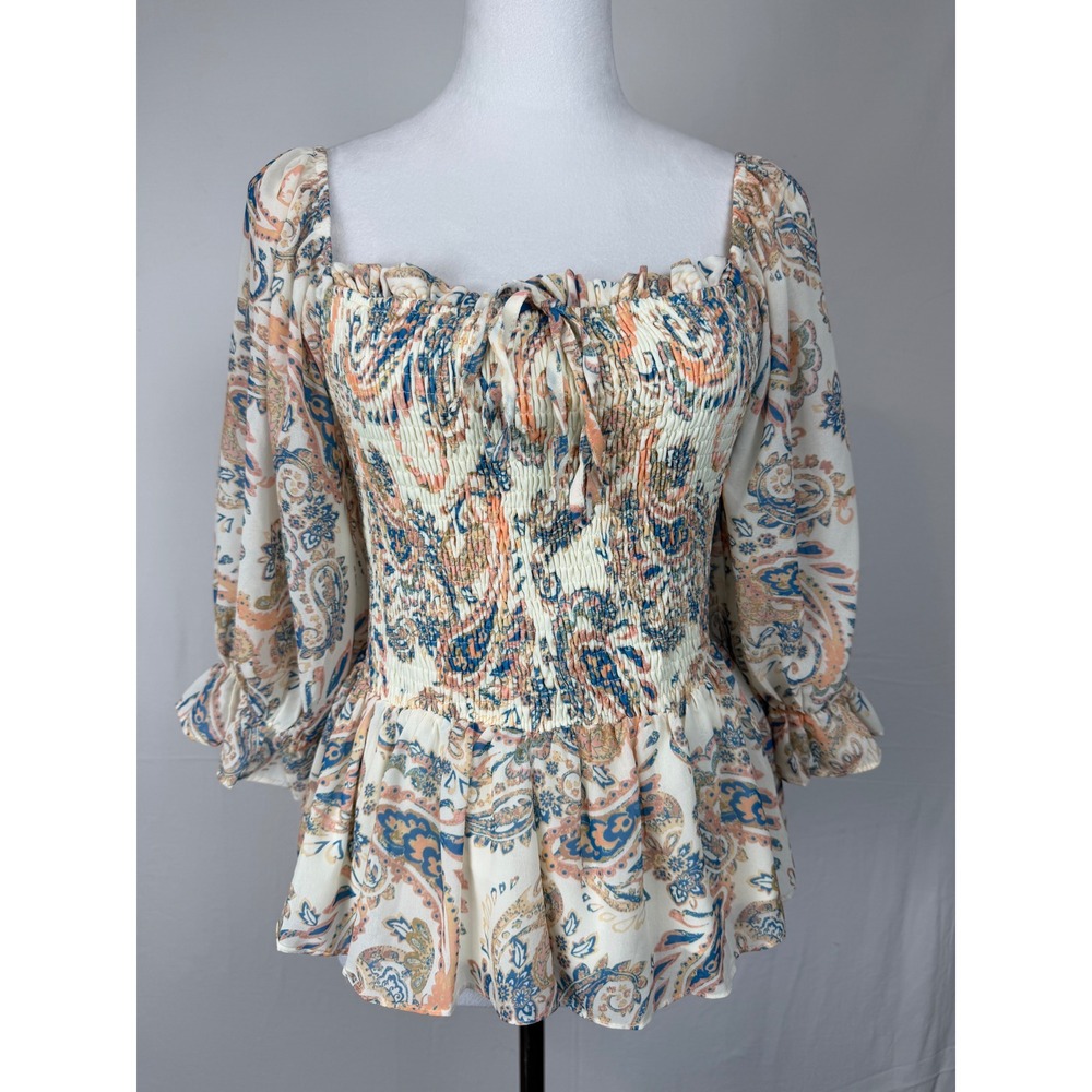 Flying Tomato Women's L Top Blouse Paisley Smocked Boho Whimsical Romantic